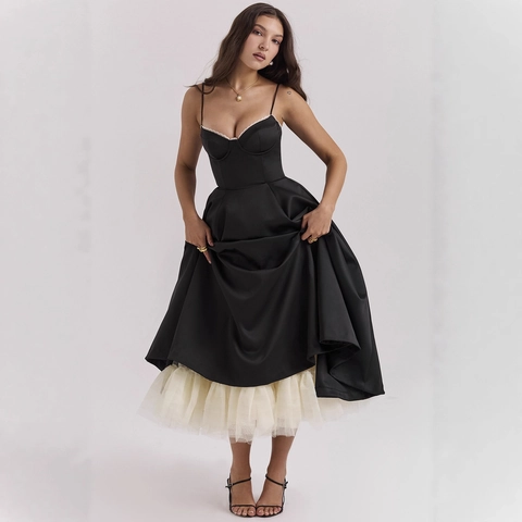 Elegant Satin Corset Midi Dress For Women V Neck Sleeveless Spaghetti Straps A-Line Puffy Skirt Banquet Party Evening Dress