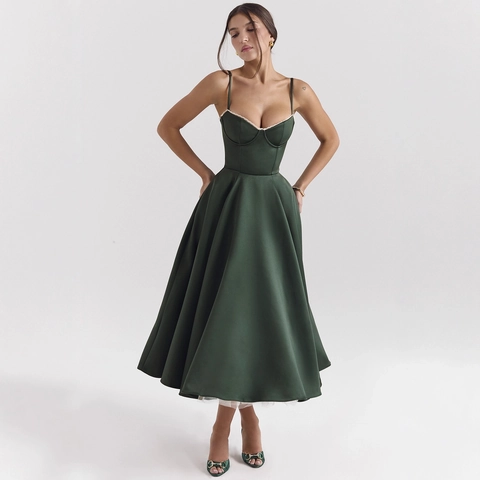 Elegant Satin Corset Midi Dress For Women V Neck Sleeveless Spaghetti Straps A-Line Puffy Skirt Banquet Party Evening Dress