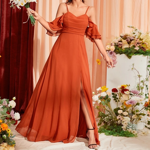 Women Elegant Spaghetti Strap Cold Shoulder Ruffle Sleeve Maxi Dress High Slit Evening Party Wedding Bridesmaid Polyester Gown