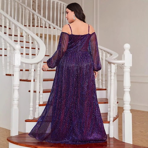 Plus Size Lila Pailletten Abendkleid Elegant Schulterfrei Langarm Hoher Schlitz Party Bankett Lang Gown