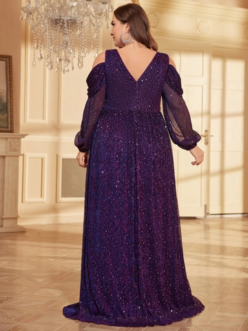 Dames Grote Maten Paarse Pailletten Avondjurk Elegant V-hals Blote Schouders Lange Mouw Maxi Galafeest Jurk