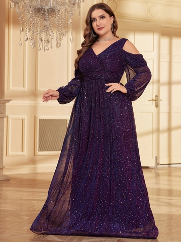Dames Grote Maten Paarse Pailletten Avondjurk Elegant V-hals Blote Schouders Lange Mouw Maxi Galafeest Jurk