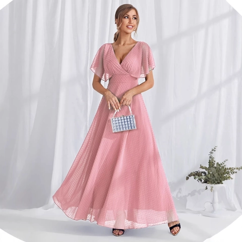 Robe Longue de Soirée Élégante à Pois Suisses Col en V Profond Manches Volantes Taille Haute Dos Nu Robe de Fête Mariage Femme
