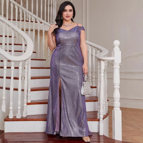 Vestido de Noche de Talla Grande con Lentejuelas Moradas Elegante Abertura Alta Espalda Descubierta Maxi Vestido de Fiesta Con Capa Para Banquete