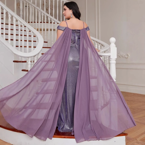 Vestido de Noche de Talla Grande con Lentejuelas Moradas Elegante Abertura Alta Espalda Descubierta Maxi Vestido de Fiesta Con Capa Para Banquete