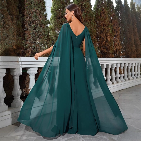 Robe de Soirée Élégante Vert Foncé avec Col en V et Manches Cape Robe Maxi Formelle en Mousseline pour Invitée de Mariage