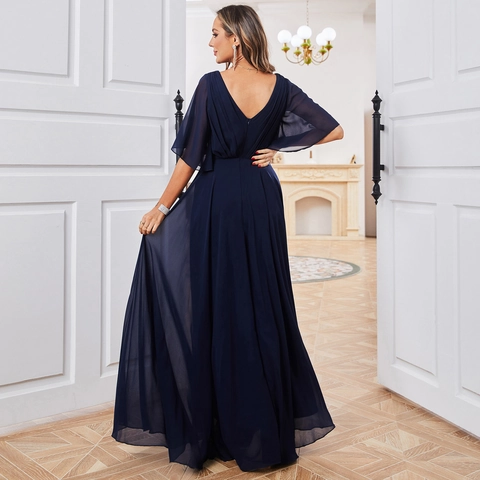 Elegante Marineblauwe Chiffon Avondjurk V-hals Fladdermouwen Goud Bloemig Borduurwerk Maxi Feestjurk Bruiloft Banket