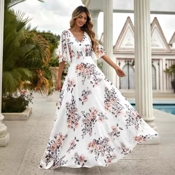Damen Blumendruck Maxikleid Elegant V-Ausschnitt Flügelärmel Sommerurlaub Abendkleid Langes Sonnenkleid