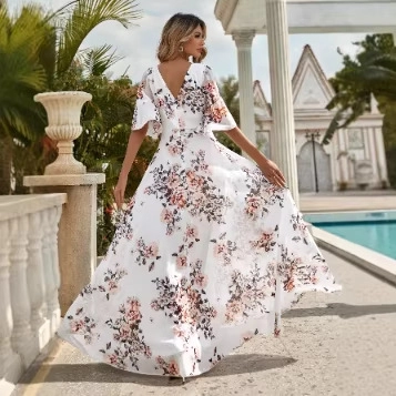 Damen Blumendruck Maxikleid Elegant V-Ausschnitt Flügelärmel Sommerurlaub Abendkleid Langes Sonnenkleid