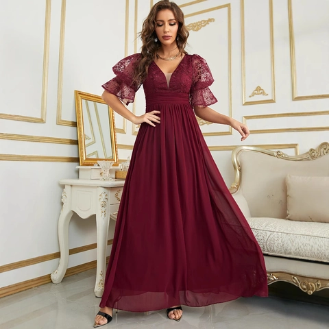 Women's Elegant Deep V-Neck Lace Patchwork Chiffon Evening Dress High Waist Short Sleeve Formal Maxi Gown For Wedding Party