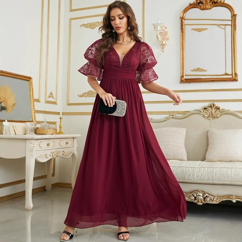 Women's Elegant Deep V-Neck Lace Patchwork Chiffon Evening Dress High Waist Short Sleeve Formal Maxi Gown For Wedding Party
