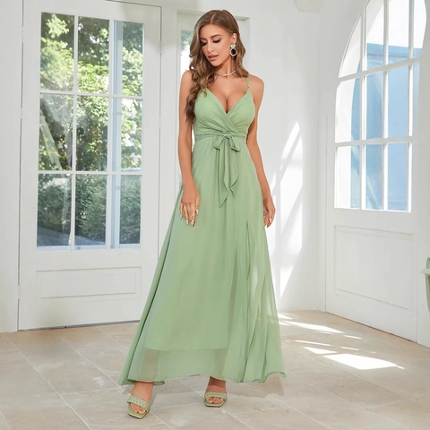 Women Elegant V-Neck Spaghetti Strap Chiffon Maxi Dress High Waist Bow Tie Party Evening Wedding Guest Dress With Split