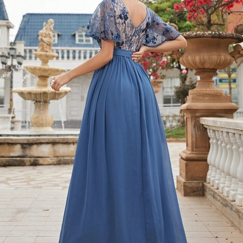 Damen Elegant Spitze Chiffon V-Ausschnitt Abendkleid Blau Kurzarm Hohe Taille Patchwork Formales Maxi Kleid Party Bankett