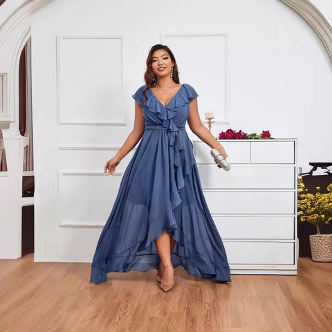 Vestido de Noche de Gasa con Volantes y Escote en V para Mujer Talla Grande Elegante Dobladillo Irregular Sin Mangas para Fiesta