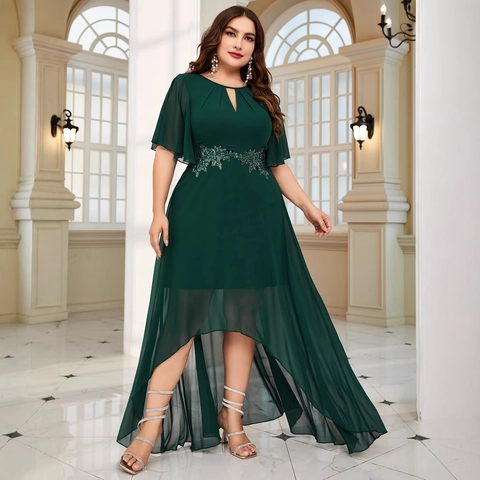 Vestido de Noche Gasa Verde Esmeralda Talla Grande Elegante Manga Volante Dobladillo Alto Bajo Bordado Banquete Fiesta