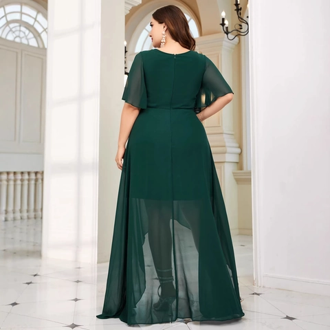 Vestido de Noche Gasa Verde Esmeralda Talla Grande Elegante Manga Volante Dobladillo Alto Bajo Bordado Banquete Fiesta