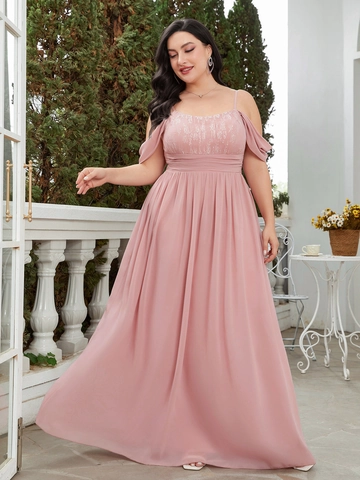 Vestido Maxi de Gasa con Patchwork de Encaje y Hombros Descubiertos para Mujer Tallas Grandes Elegante con Lazo
