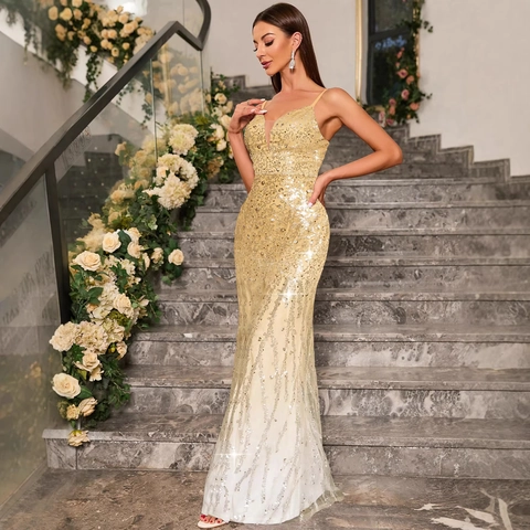 Abito da Sera Maxi da Donna con Paillettes Scollo a V Elegante Senza Maniche Sfumato Coda a Sirena Lungo Abito da Festa Formale