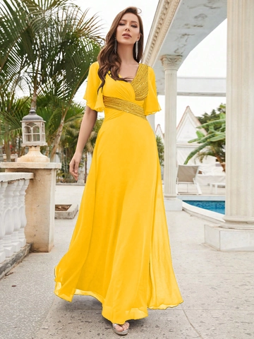 Elegante Vestido de Noche de Gasa Con Cuello en V Y Lentejuelas Manga de Volantes Cintura Alta Línea A Vestido Maxi Mujer Fiesta