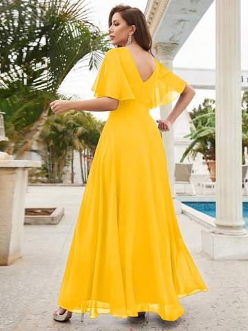 Elegante Vestido de Noche de Gasa Con Cuello en V Y Lentejuelas Manga de Volantes Cintura Alta Línea A Vestido Maxi Mujer Fiesta