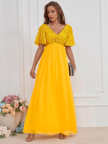 Elegante Vestido de Noche para Mujer Cuello en V con Lentejuelas y Gasa Cintura Alta Manga Volante Vestido Maxi para Boda Fiesta