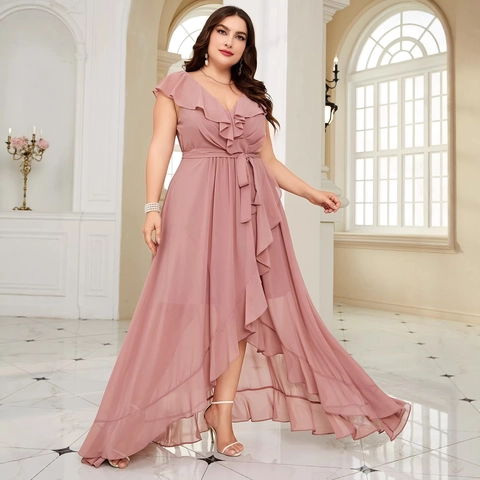 Plus Size V-Ausschnitt Chiffon Abendkleid Elegantes High-Low Saum Partykleid Mit Schnürung Für Damen Bankett