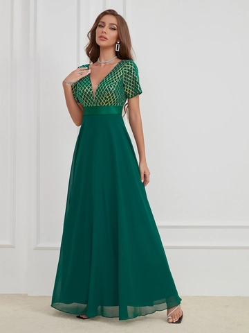 Elegante Vestido de Noche de Gasa Verde Esmeralda Cuello en V Lentejuelas Empalme Manga Corta Cinturón Satén Vestido Largo para Mujer