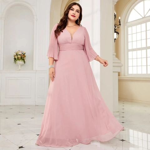Women Plus Size V Neck Pleated Flare Long Sleeve Maxi Dress Formal Evening Party Prom Gown Elegant Solid Pink Dress