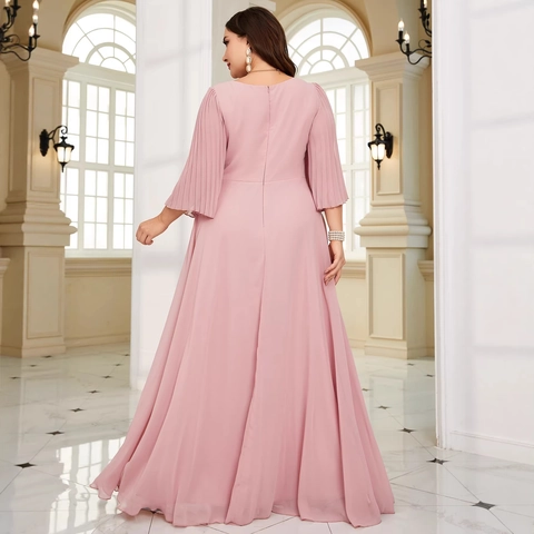 Women Plus Size V Neck Pleated Flare Long Sleeve Maxi Dress Formal Evening Party Prom Gown Elegant Solid Pink Dress