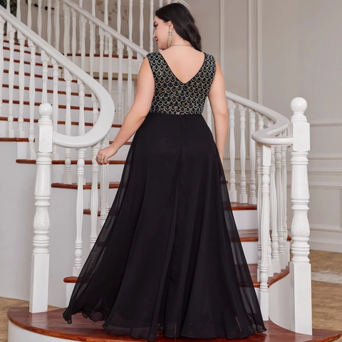 Damen Übergröße V-Ausschnitt Pailletten Abendkleid Ärmellos Chiffon Patchwork Elegant Hochzeit Party Formelles Langes Kleid
