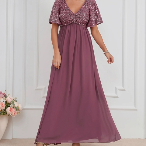 Vestido de Noche Maxi de Gasa con Cuello en V y Retazos de Lentejuelas para Mujer con Manga Mariposa para Boda