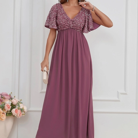 Vestido de Noche Maxi de Gasa con Cuello en V y Retazos de Lentejuelas para Mujer con Manga Mariposa para Boda