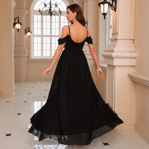 Damen V-Ausschnitt Pailletten Blumenstickerei Chiffon Abendkleid Hoher Schlitz Cold Shoulder Spaghettiträger Maxi Partykleid