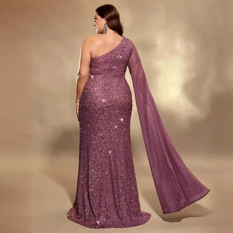 Robe de Soirée Une Épaule à Paillettes Mauve Grande Taille Élégante Manche Cape Fente Haute Banquet Fête Pour Femmes