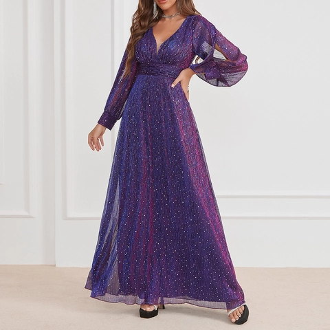 Elegante Abito da Sera Maxi con Scollo a V Manica Lunga e Paillettes Vita Pieghettata Abito Formale per Festa Banchetto Donna