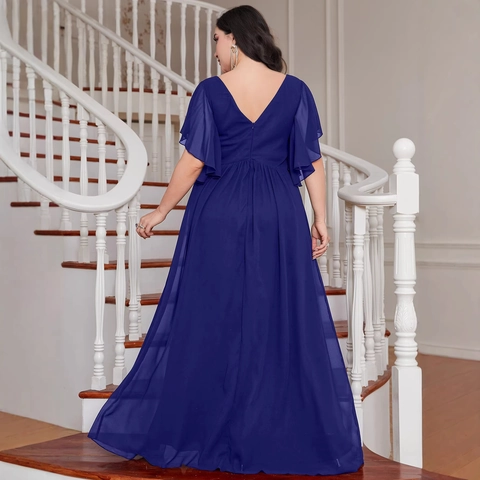 Women Plus Size V Neck Flutter Sleeve Sequin Waist Chiffon Maxi Evening Gown With High Slit Elegant Party Dress