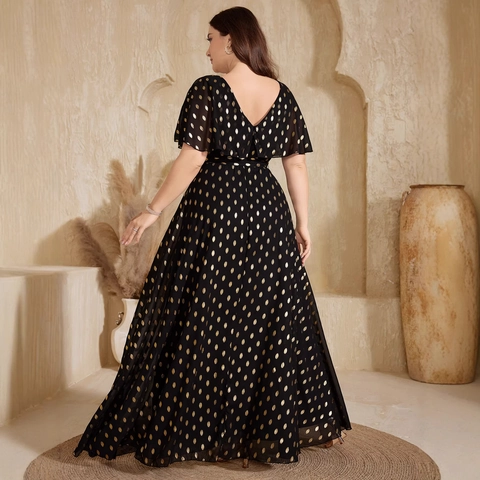 Damen Übergröße V-Ausschnitt Flatterärmel Punktmuster Maxi Kleid Elegant Schwarz Goldfolie Chiffon Abendgesellschaft Langes Kleid