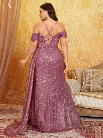 Plus Size Pailletten Abendkleid Schulterfrei Hoher Schlitz Fischgräten Formelle Partykleid Elegant Bankett Abschlussball Hochzeit Langes Kleid