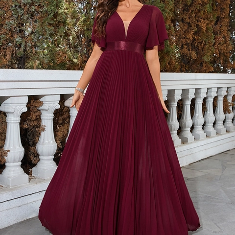 Dames Bourgondië Diepe V-hals Geplooid Chiffon Avondjurk Elegant Vlindermouw Formele Feestjurk Met Satijnen Riem
