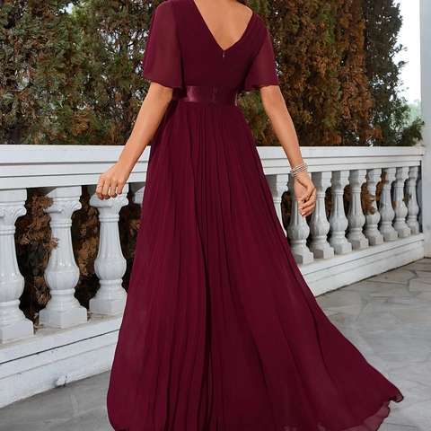 Dames Bourgondië Diepe V-hals Geplooid Chiffon Avondjurk Elegant Vlindermouw Formele Feestjurk Met Satijnen Riem