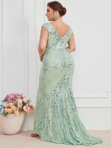 Plus Size V-Neck Sleeveless Sequin Mesh Patchwork Fishtail Evening Dress Elegant Slim Fit Mint Green Maxi Prom Gown For Women