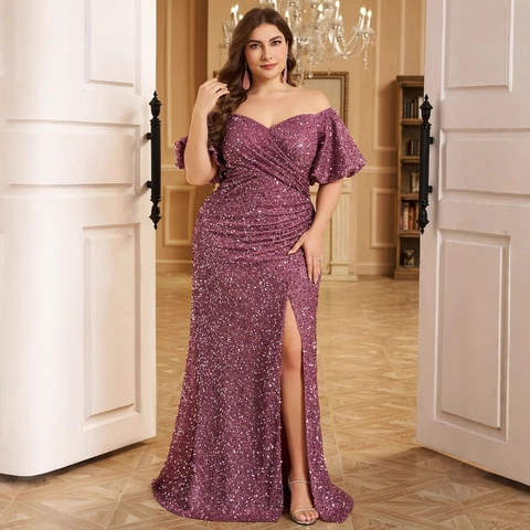 Plus Size Sequin Off The Shoulder Evening Gown Ruched High Slit Bodycon Maxi Dress For Banquet Party Women Elegant Outfit