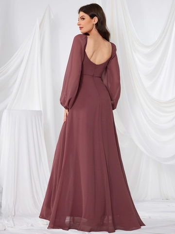 Elegante Vestito da Sera Maxi in Chiffon Scollo Quadrato Schiena Scoperta Manica a Lanterna Lunga Increspato Con Spacco Alto