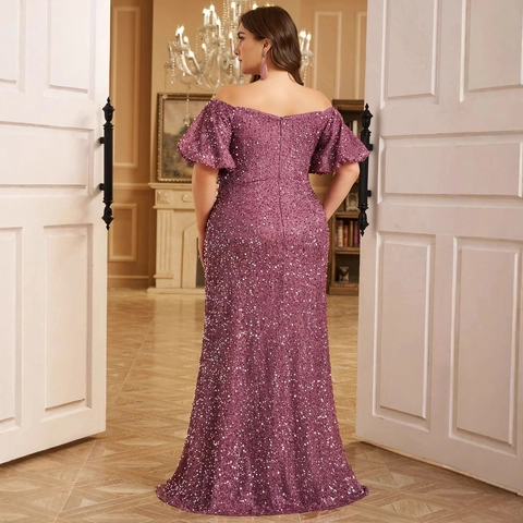 Plus Size Sequin Off The Shoulder Evening Gown Ruched High Slit Bodycon Maxi Dress For Banquet Party Women Elegant Outfit