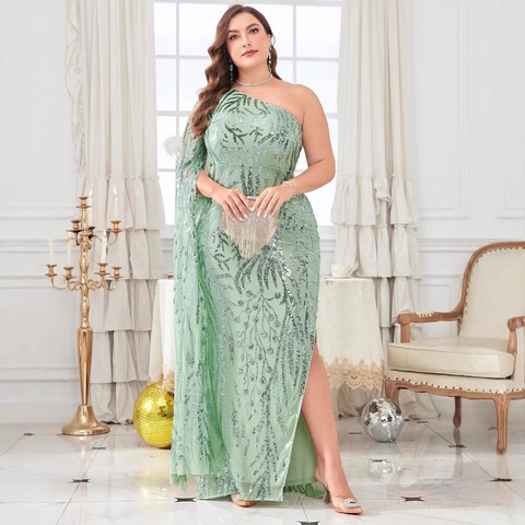 Damen Übergrößen Pailletten One Shoulder Abendkleid Minzgrün Asymmetrisch Umhangärmel Hoher Schlitz Party Bankett Maxi Kleid