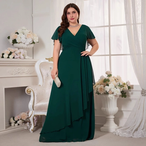 Plus Size Women Elegant V Neck Ruffle Sleeve Chiffon Evening Dress Asymmetric Hem Maxi Gown Formal Party Wedding Dress
