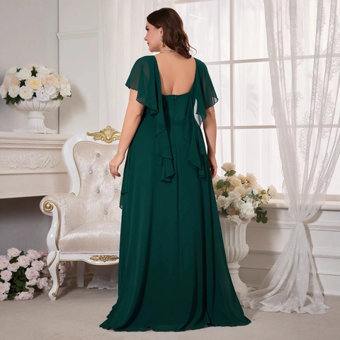 Plus Size Women Elegant V Neck Ruffle Sleeve Chiffon Evening Dress Asymmetric Hem Maxi Gown Formal Party Wedding Dress