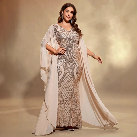 Damen Übergröße Pailletten Abendkleid Elegant V-Ausschnitt Cape-Ärmel Meerjungfrau Chiffon Patchwork Bankett Party Kleid Champagner