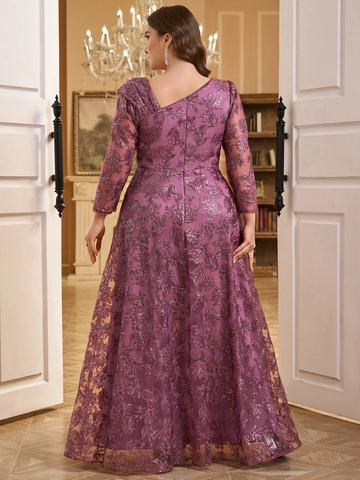 Women Plus Size Purple V Neck Sequin Mesh Embroidery Evening Gown Elegant Long Sleeve A Line Maxi Wedding Party Dress