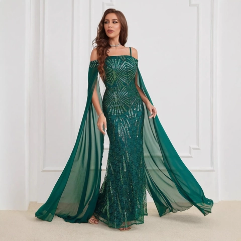 Elegant Off Shoulder Sequin Patchwork Evening Dress With Chiffon Cape Sleeves Luxurious Mermaid Formal Gown For Women